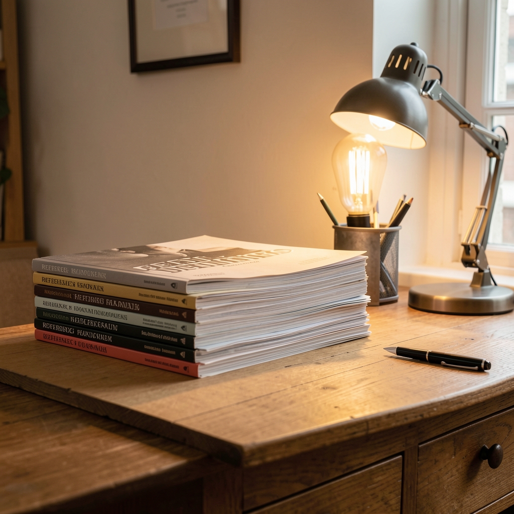 Editorial desk with a stack of reference journals, a pen holder, and a lamp with warm incandescent light, organised workspace with natural paper textures