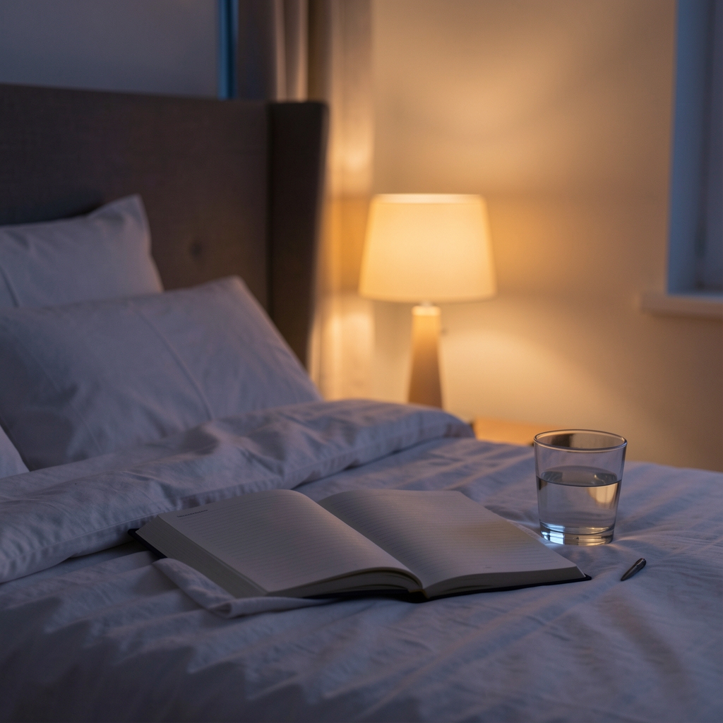Dimly lit bedroom scene at dusk, a bedside notebook open beside a glass of water, warm lamp glow suggesting the start of an evening wind-down routine
