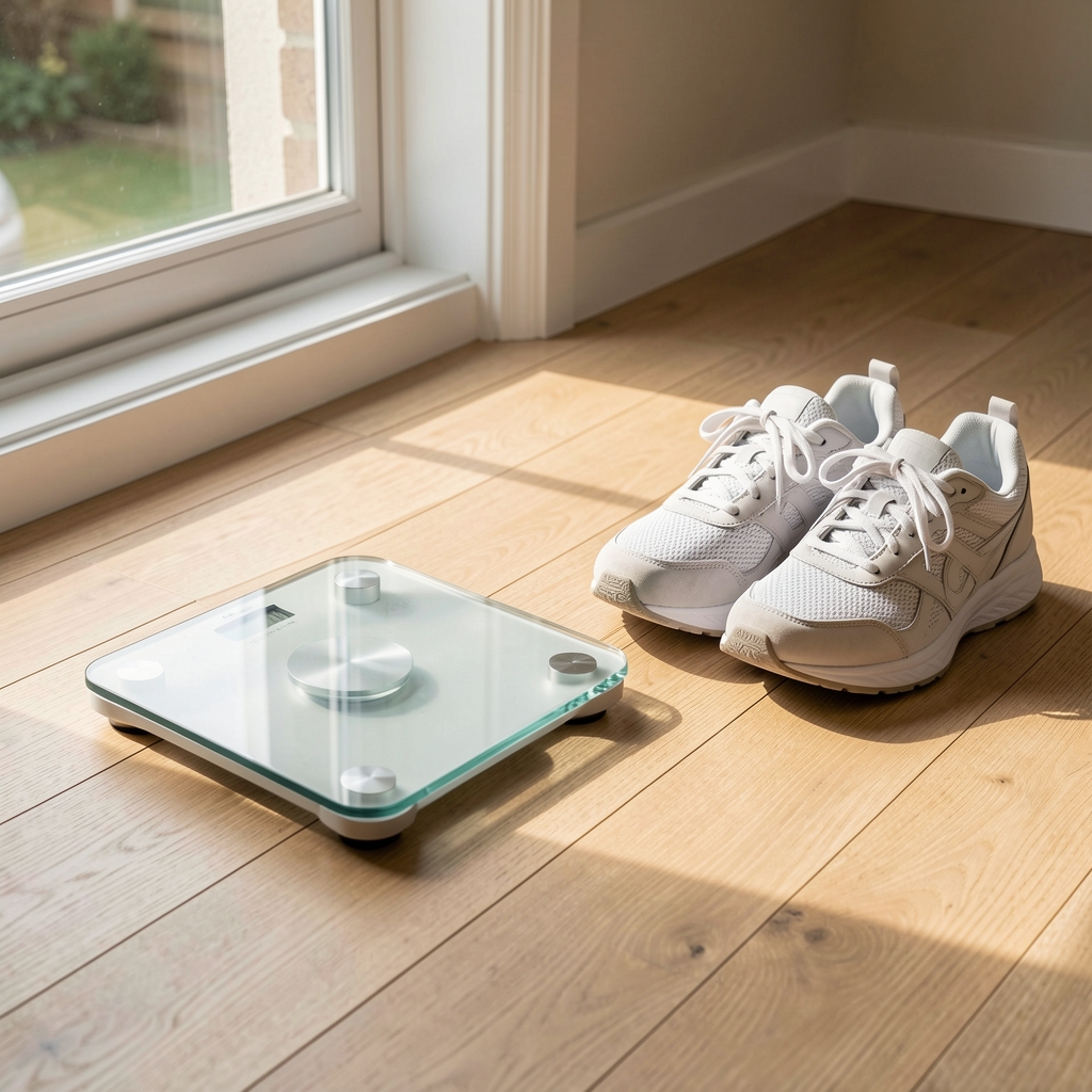 A digital bathroom scale on a light wooden floor next to a pair of clean trainers, morning light through a window, calm domestic atmosphere