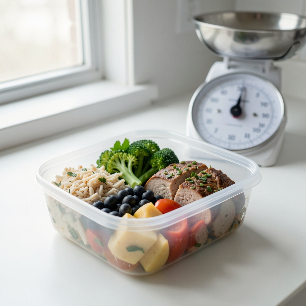 Close-up of a meal prep container with a balanced portion of food, a kitchen scale in the background on a clean white counter, soft diffused daylight from a window