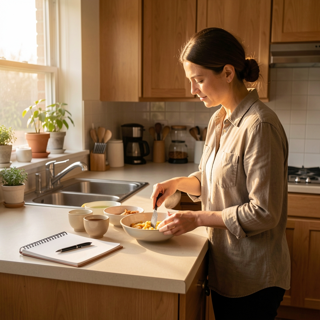 Person in a calm domestic kitchen at early morning, preparing a simple breakfast with warm side lighting, notebook and pen on the counter